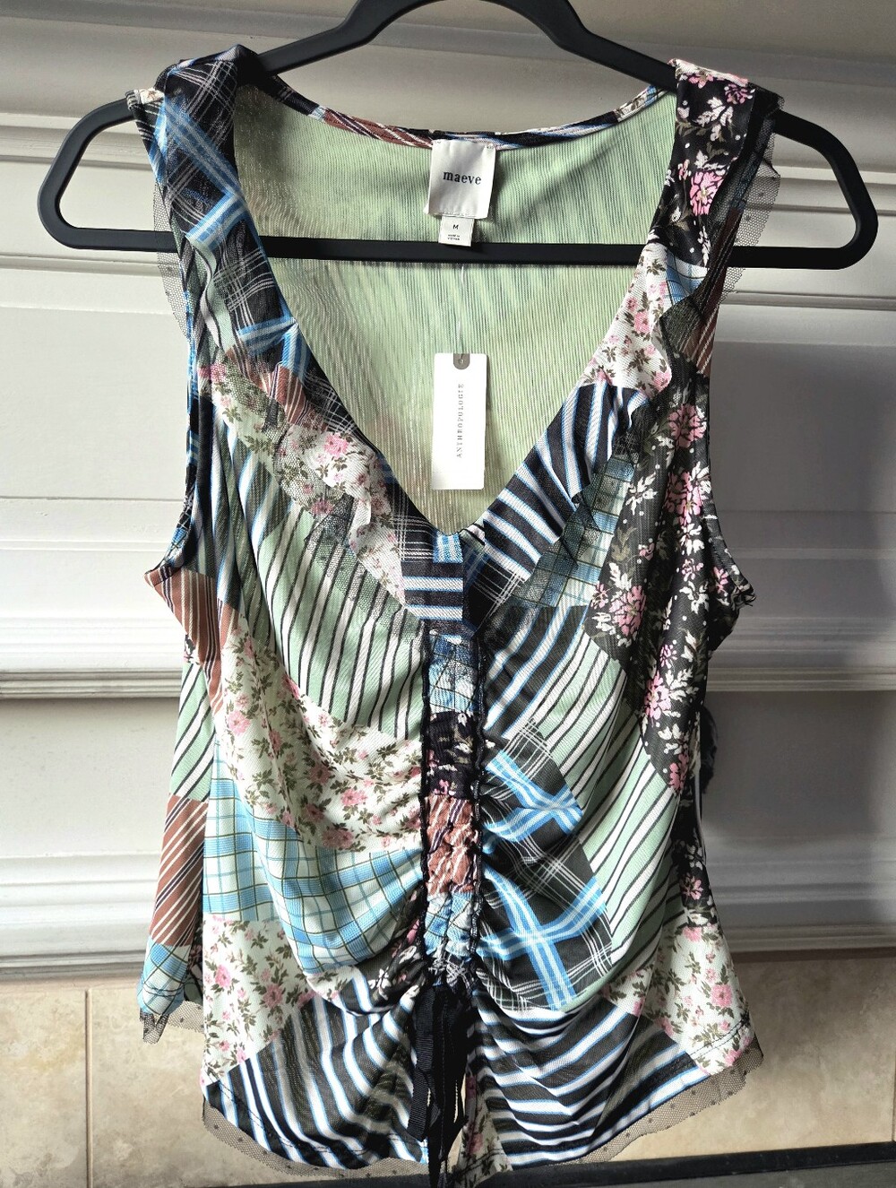 Anthropologie Maeve Patchwork Mesh Ruched Tank Top Floral Plaid Blue Green M NWT